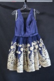 Jovani Navy Blue V-neck Cocktail Dress With Gold Embroidered Skirt Size: 12