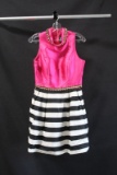 Macduggal Pink Cocktail Dress With Black And White Striped Skirt Size: 8