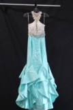 Rachel Allan Aqua Full Length Dress With Beaded Bodice Size: 0