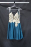 Jovani Teal Blue Cocktail Dress With Gold Lace Bodice Size: 0