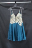 Jovani Teal Blue Cocktail Dress With Gold Lace Bodice Size: 8