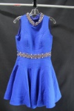 Macduggal Blue High Neck Cocktail Dress With Beaded Accents Size: 8