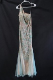 Terani Champagne One Shoulder Full Length Dress With Blue Beading Size: 6