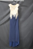 Abby Paris Navy Blue Full Length Dress With Gold Lace Top Size: 14