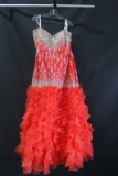 Party Time Red Orange Strapless Dress With Beaded Bodice And Ruffled Skirt