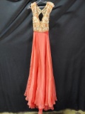 Rachel Allan Coral Full Length Dress With Beaded Bodice Size: 4