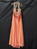 Rachel Allan Peach Halter Style Full Length Dress With Beaded Bodice Size: