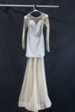 Jovani Silver And Nude Beaded Long Sleeve Full Length Dress Size: 6