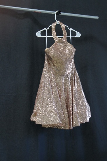 Alyce Champagne Sequin Halter Mini Dress Size: 6