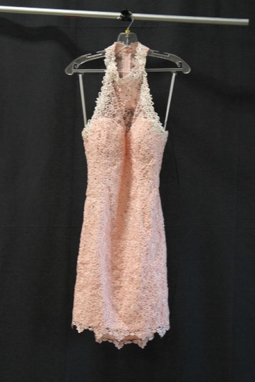 Alyce Pink Lace Jeweled Cocktail Dress with Keyhole Back Size: 12