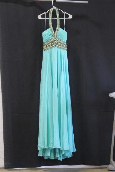 Madison James Teal Jeweled Halter Gown Size: 6