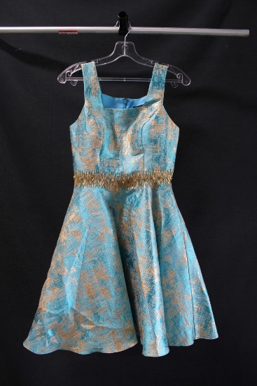 MacDuggal Light Blue and Gold Brocade Cocktail Dress Size: 2