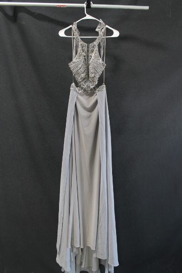 Abby Paris Gray Full Length Halter Style Dress with Beaded Bodice Size: 0