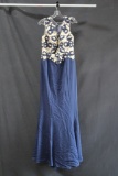Terani Couture Navy Full Length Dress with Gold Lace Bodice Size: 12