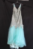 Jolene Aqua Full Length Dress with Sequined Overlay Size: 12