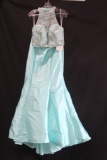 Rachel Allan Aqua Two-Piece with Beaded Top and Full Length Skirt Size: 12