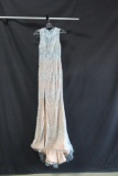Glamour by Terani Couture Blue and Cream Beaded Full Length Dress Size: 0
