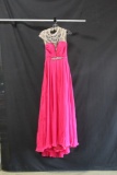 MacDuggal Hot Pink Full Length Dress with Gold Detail Size: 2