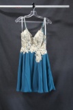 Jovani Teal Blue Cocktail Dress with Gold Lace Bodice Size: 0