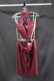 Faviana Maroon Two-Piece with Lace Top Size: 10