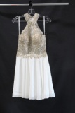 Jovani White Cocktail Dress with Gold Beaded Bodice Size: 4