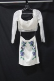 Rachel Allan White Two-Piece with Long Sleeved Top and Floral Appliques on