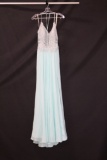 Faviana Light Blue Full Length Dress with Beaded Bodice Size: 8