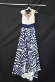 MacDuggal Navy and White Full Length Dress with Patterned Skirt Size: 10