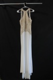 Tony Bowls White and Nude Halter Style Full Length Dress with Beaded Bodice
