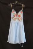 Faviana Blue Strapless Cocktail Dress with Embroidered Floral Bodice Size: