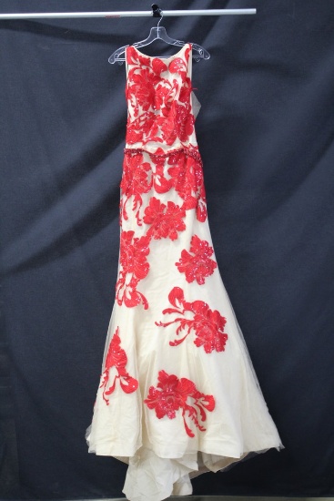 Jovani Red and White Floral Full Length Dress Size: 14