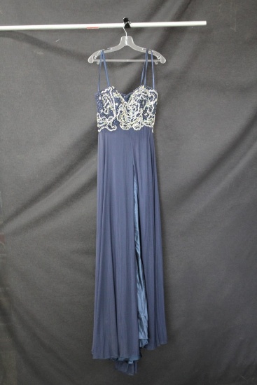 Dave and Johnny Slate Blue Full Length Dress with Lace Bodice Size: 9 - 10,