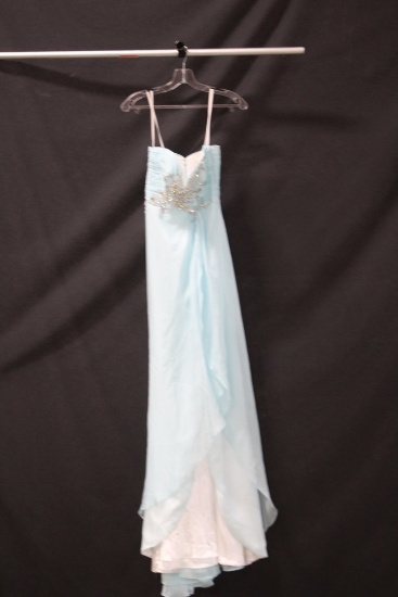 MacDuggal Light Blue Strapless Full Length Dress with Beading Size: 0, Nigh