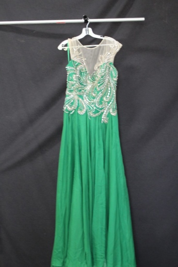 MacDuggal Green Full Length Dress with Beaded Top Size: 14, MacDuggal Blue