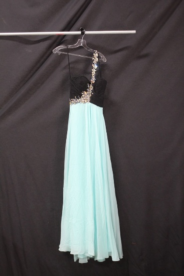 Night Moves Black and Mint Green One Shouldered Full Length Dress Size: 4,