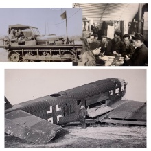 4 pc 374th/361st Fighter Squadron Personal WWII US Soldier Photo Lot: German Plane Crash, Tractor