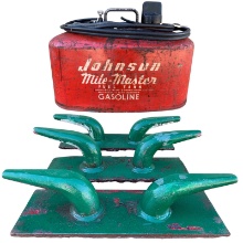 3 Vintage Iron Maritime Ship Dock Cleats and Johnson Mile-Master 4 Gallon Boat Fuel Tank
