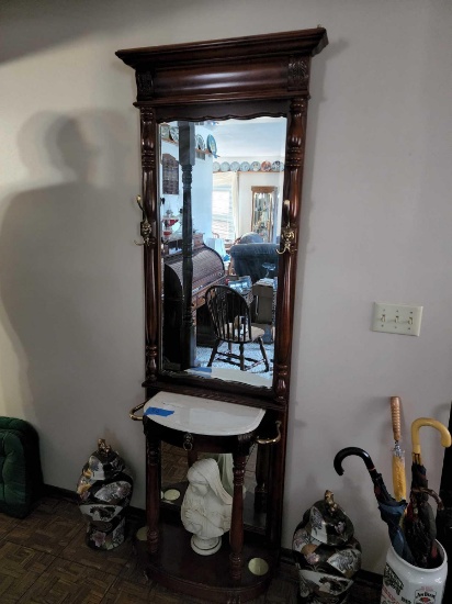 Hall Tree w Mirror and Marble Top Umbrella Stand