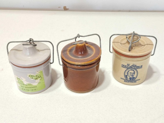 3 Small Butter Crocks w Lids