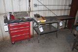 WESTWARD LOT MACHINEST CABINET, STEEL WORK TABLE AND RELATED HAND TOOLS AND SUPPLIES