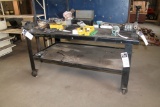 CUSTOM DESIGNED AND FABRICATED LOT WORK TABLE, HEAVY DUTY STEEL, ON WHEELS