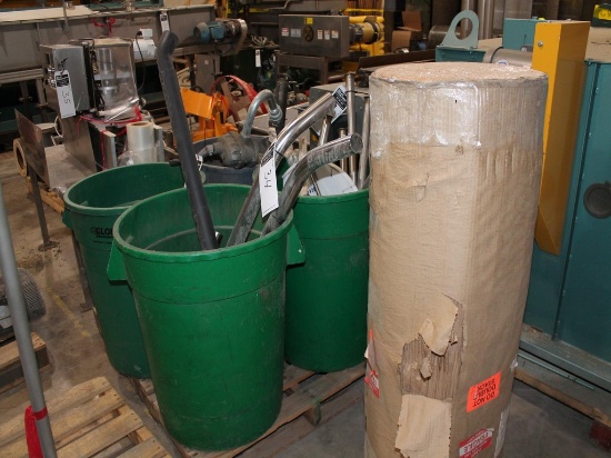 55 GALLON PLASTIC TRASH CANS FILLED WITH STAINLESS/CARBON STEEL PIPES, FITTINGS AND BARREL PUMP