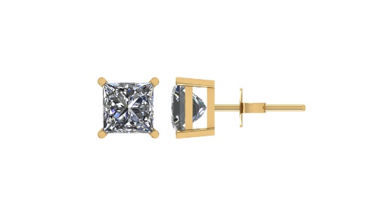 Certified 1 CTW Princess Diamond Stud Earrings D/SI2 In 14K Yellow Gold