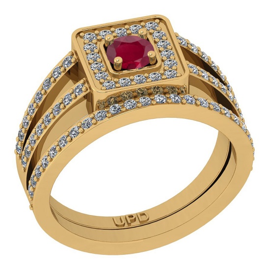 1.31 Ctw SI2/I1 Ruby And Diamond 14K Yellow Gold Anniversary Set Ring