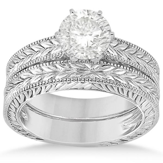 Vintage Style Carved Filigree Solitaire Bridal Set in 14k White Gold