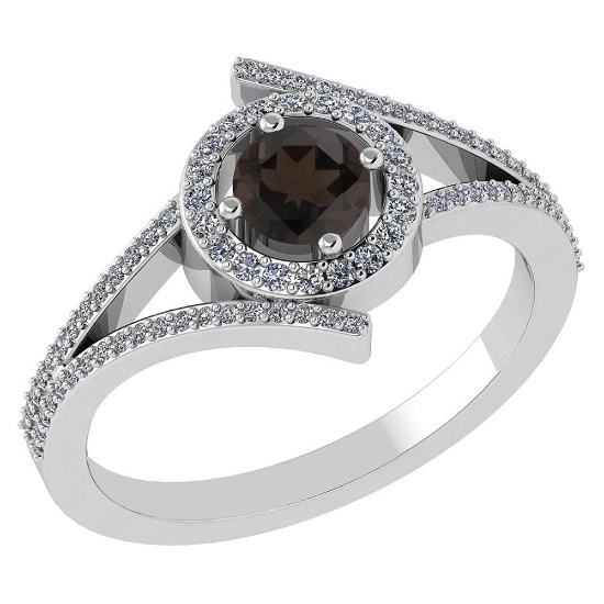 0.73 Ctw Smoky Quarzt And Diamond 14k White Gold Halo Ring