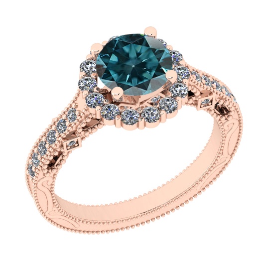1.80 Ctw I2/I3 Treated Fancy Blue And White Diamond 14K Rose Gold Vintage Style Wedding Ring