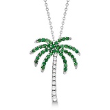 Tsavorite and Diamond Palm Tree Necklace 14k White Gold 0.50ctw