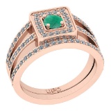 0.81 Ctw SI2/I1 Emerald And Diamond 14K Rose Gold Anniversary Set Ring