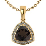3.15 Ctw Smoky Quarzt And Diamond 14k Yellow Gold Pendant